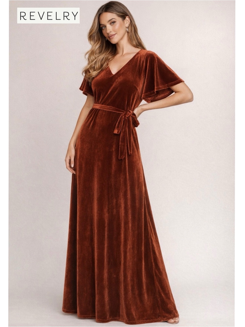 Revelry Reese Velvet Maxi Dress Terracotta XS NWT Flutter Sleeve V-Neck Gown
